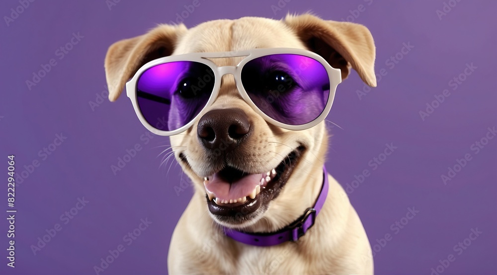 A cheerful dog with large sunglasses, purple background, 3d rendering funny illustrated animal