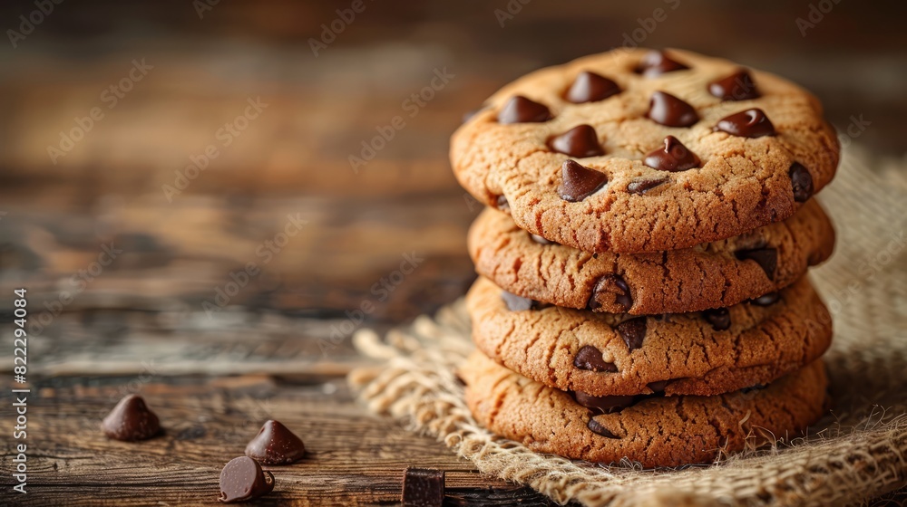 A stack of chocolate chip cookies on a wooden table