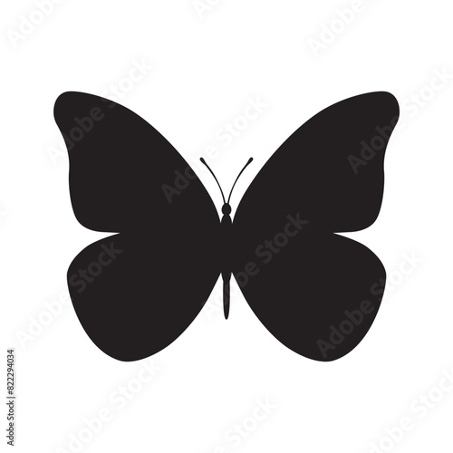 Butterfly black color, flying shape, vector design. Abstract modern monarch butterfly contours on white background for decoration design. Closeup design element, black butterfly, silhouette, icon, art
