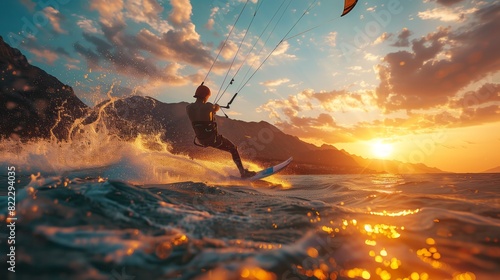 Kite boarding. Kitesurf freestyle at sunset.