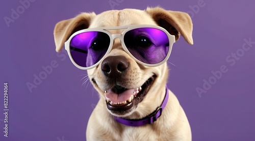 A cheerful dog with large sunglasses, purple background, 3d rendering funny illustrated animal © MochSjamsul