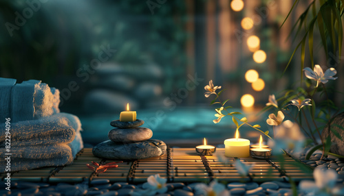 Spa Concept - Massage Stones With Towels And Candles In Natural Background photo