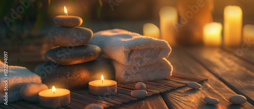 Spa Concept - Massage Stones With Towels And Candles In Natural Background photo