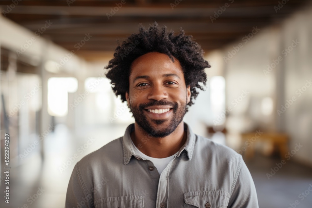 Portrait of a happy afro-american man in his 30s smiling at the camera on empty modern loft background Portrait of a happy afro-american man in his 30s smiling at the camera on empty modern loft background