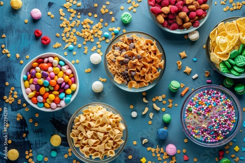 Several bowls of cereal , sugary food background 