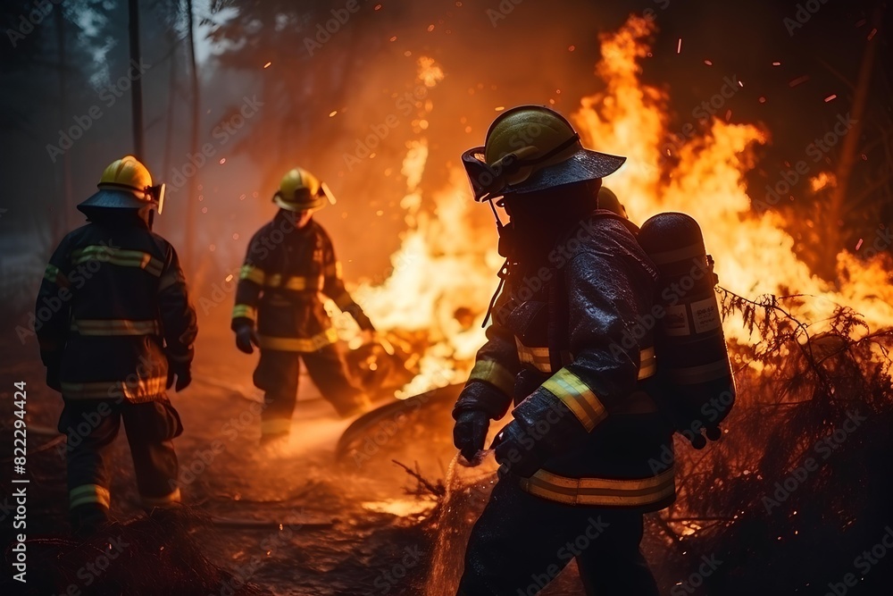 A team of firefighters fights a huge fire. A fireman in uniform extinguishes a burning building. A team of firefighters fights a huge fire. A fireman in uniform extinguishes a burning building.