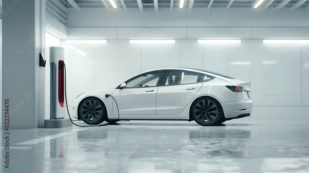 Futuristic electric car connected to charging station in the building