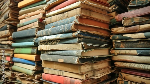 A large stack of vintage books with worn covers and bindings  arranged in an orderly pile showing their aged and used condition.