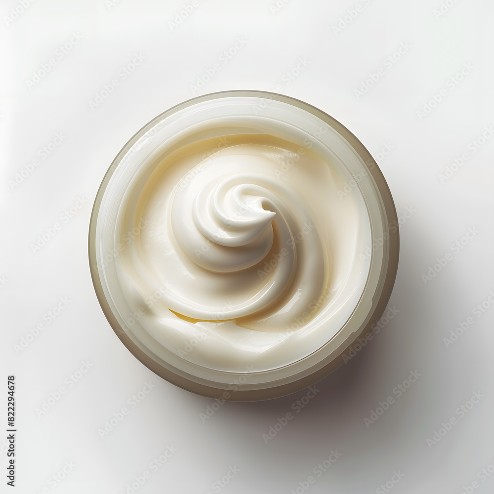 Opened cosmetic swirl cream jar top view isolated on white background Opened cosmetic swirl cream jar top view isolated on white background