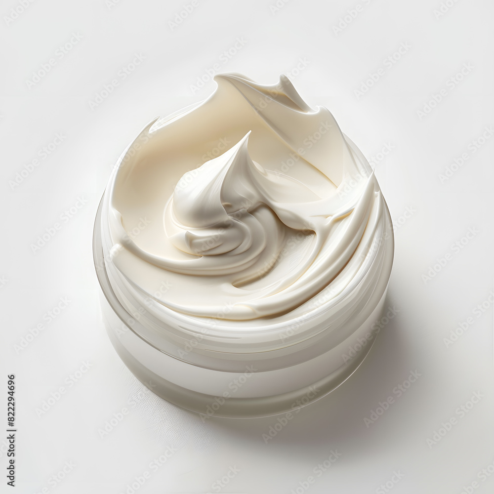 Opened cosmetic swirl cream jar top view isolated on white background Opened cosmetic swirl cream jar top view isolated on white background