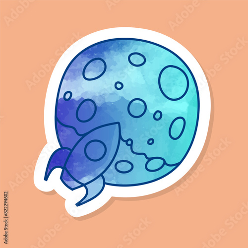 Rocket anad planet icon to the moon concept crypto currency color sticker