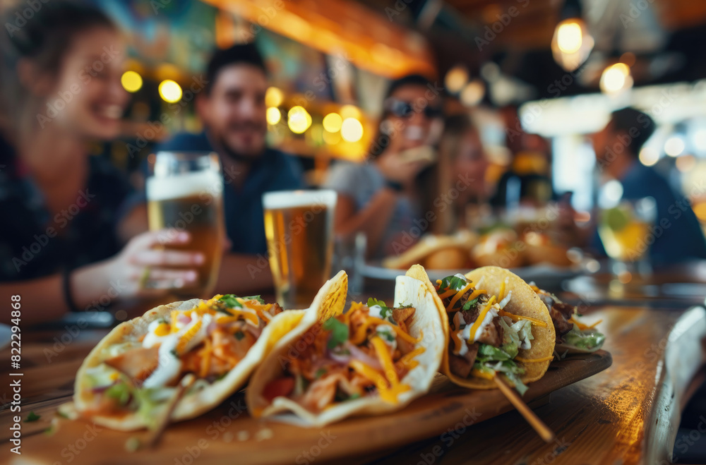 A group of friends enjoying tacos and beer at an urban restaurant, laughing together while eating their mouthwatering dishes.