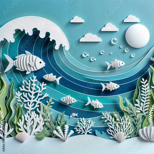 Paper cut  concept of world oceans day with underwater sea cave ,fishes and coral reef. Paper cut style vector illustration created with generative ai. photo