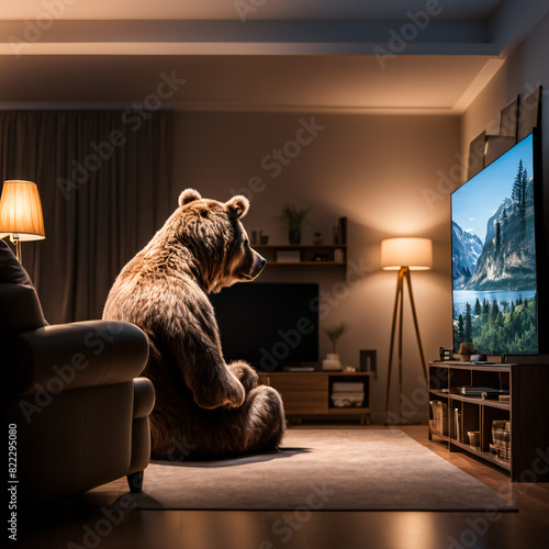 Un ours solitaire qui regarde la télévision assit dans son salon