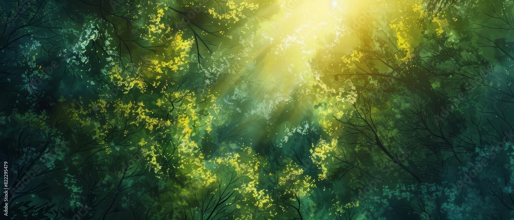 Naklejka premium Aerial view of a lush green forest in vibrant watercolor, with sunlight streaming through the trees, casting intricate shadows, dreamlike atmosphere, rich textures and colors