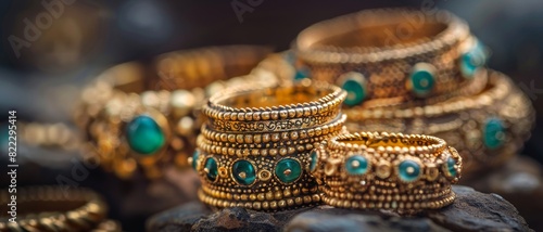 Close-up of intricate gold bangles with emerald gems, showcasing detailed craftsmanship and luxury in jewelry design.