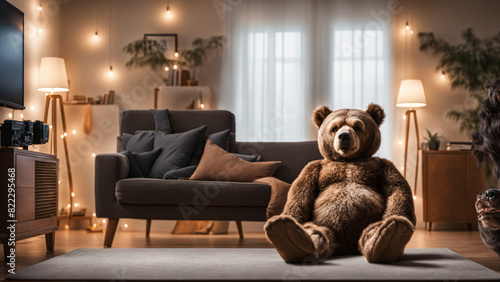 Un ours solitaire qui regarde la télévision assit dans son salon photo