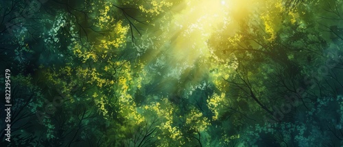 Aerial view of a lush green forest in vibrant watercolor  with sunlight streaming through the trees  casting intricate shadows  dreamlike atmosphere  rich textures and colors