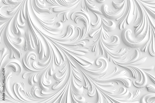 All white lined seamless pattern of nature fractals, no color, white background.