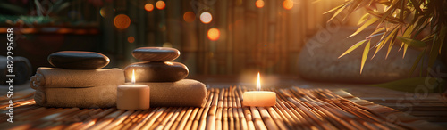 Spa Concept - Massage Stones With Towels And Candles In Natural Background photo