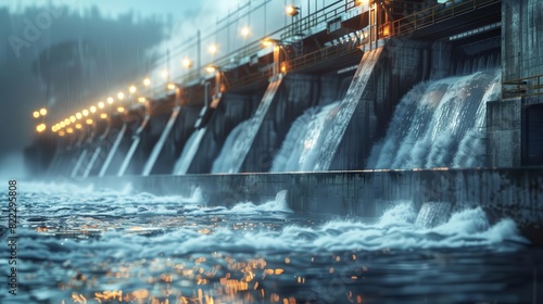 A detailed 3D CG rendering of a modern hydroelectric dam viewed from the side, intricate machinery and water flow, high contrast lighting, highly realistic photo
