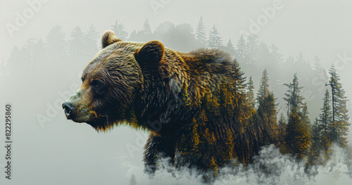 A wildlife high quality photo professional photographer of double exposure  bear  standing  during winter snowing  background, wallpaper