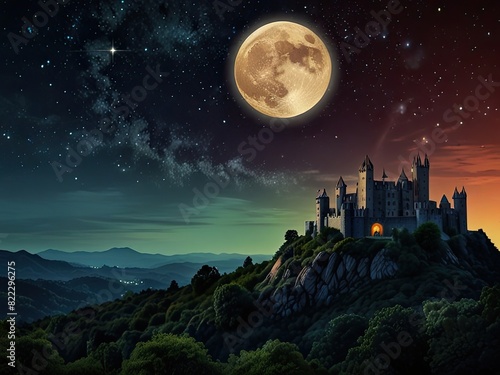 Majestic moonlit castle on a hilltop, silhouetted against the starry night sky © Phongphan