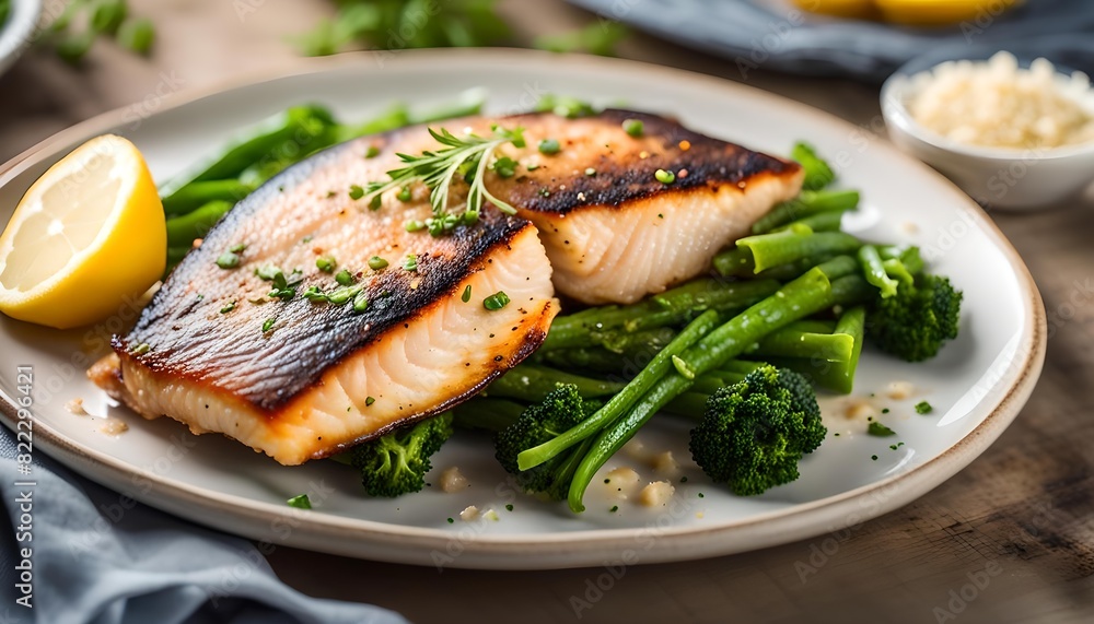 Homemade Pan Seared Tilapia on a Plate, side view. Copy space.
Homemade Pan Seared Tilapia on a Plate, side view. Copy space.