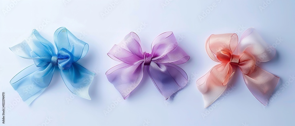 Satin ribbon colour sample for hair accessories in a flat lay shot, split on a grey backdrop with plenty of space for advertisement, Generative AI. Satin ribbon colour sample for hair accessories in a flat lay shot, split on a grey backdrop with plenty of space for advertisement, Generative AI.