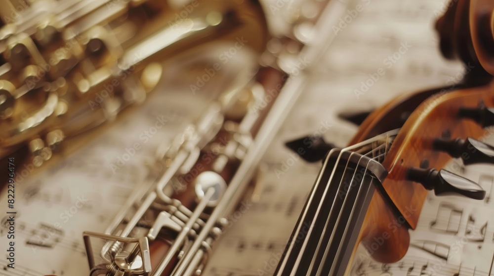 Naklejka premium Various musical instruments lie on sheet music of a symphony