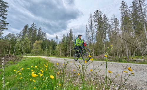 active senior woman on a bike packing tour with her electric mountain bike in the Bavarian Forest National Park with its by bark beetles dammaged Trees, Bavaria, Germany photo