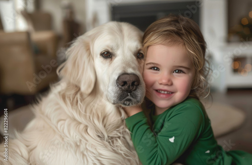 A little girl in green is hugging her white golden retriever dog, both smiling and looking happy at home © Kien