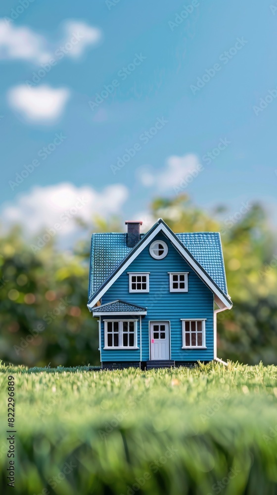 Small blue house sitting on a grassy field, real estate concept Small blue house sitting on a grassy field, real estate concept
