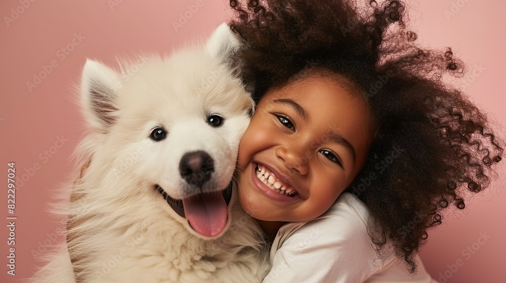 Cute close up portrait of cheerful child and his pet on vibrant background Cute close up portrait of cheerful child and his pet on vibrant background