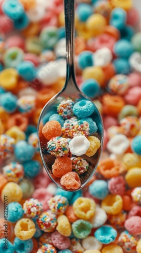 Spoon full of cereal , sugary food background 