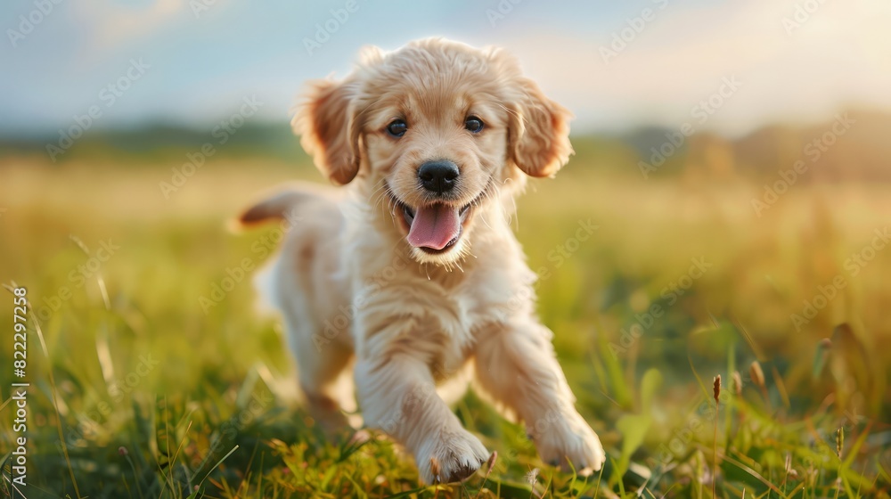 A small golden retriever puppy is running through a field of grass A small golden retriever puppy is running through a field of grass
