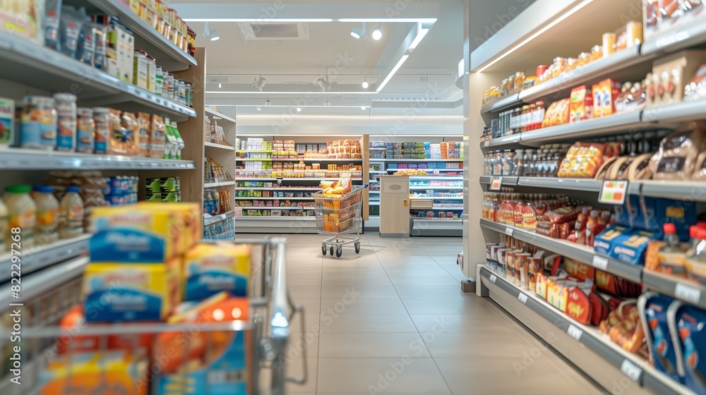 A supermarket with lots of goods on the shelves A supermarket with lots of goods on the shelves