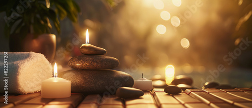 Spa Concept - Massage Stones With Towels And Candles In Natural Background photo