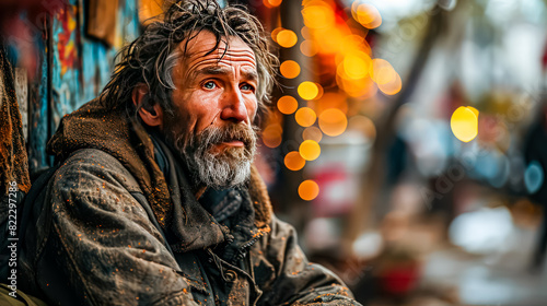A portrait of a homeless man sitting on a wet street  highlighting the struggle and resilience of those facing homelessness  urging for empathy and assistance.