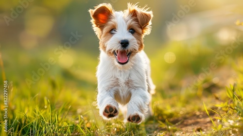 A small white and brown dog is running through a field of grass