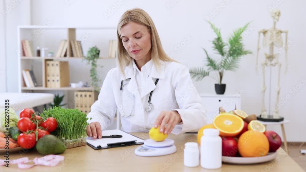 Portrait of smiling female nutritionist doctor sitting at table with vegetables and fruits in clinic. Positive mature Caucasian female weighing lemon while writing healthy food recipe on clipboard. Portrait of smiling female nutritionist doctor sitting at table with vegetables and fruits in clinic. Positive mature Caucasian female weighing lemon while writing healthy food recipe on clipboard.