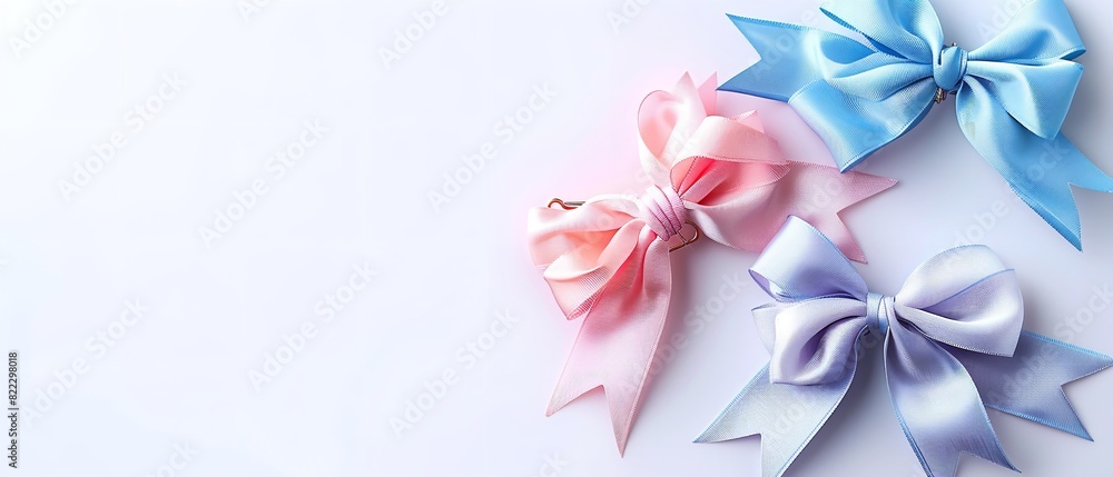 Satin ribbon colour sample for hair accessories in a flat lay shot, split on a white backdrop with plenty of space for advertisement, Generative AI. Satin ribbon colour sample for hair accessories in a flat lay shot, split on a white backdrop with plenty of space for advertisement, Generative AI.