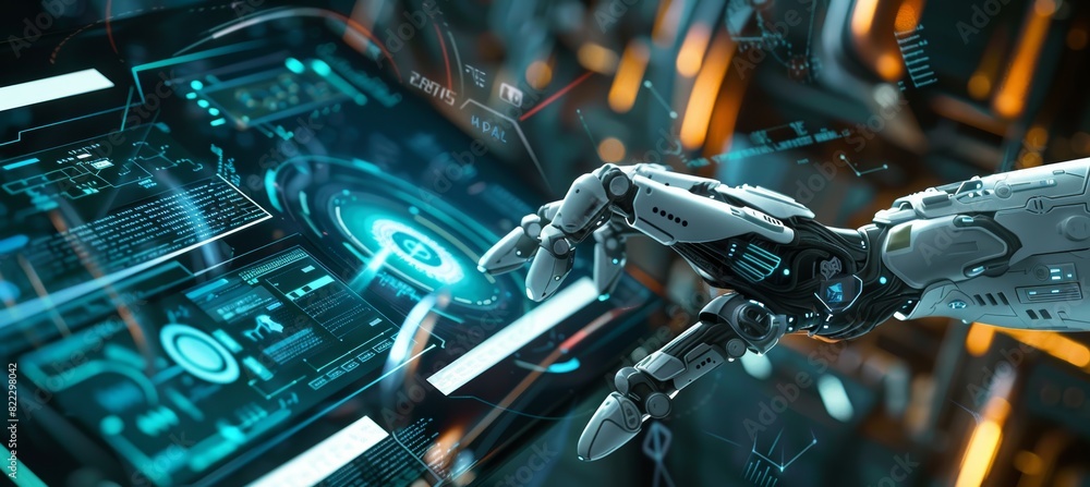 Fototapeta premium Futuristic Contract Signing with AI Technology - Robotic Hand in High-Tech Environment