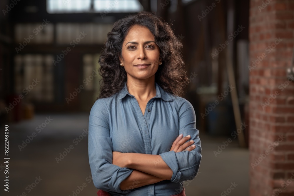 Portrait of a satisfied indian woman in her 50s with arms crossed in front of empty modern loft background Portrait of a satisfied indian woman in her 50s with arms crossed in front of empty modern loft background