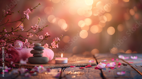 Spa Concept - Massage Stones With Towels And Candles In Natural Background photo