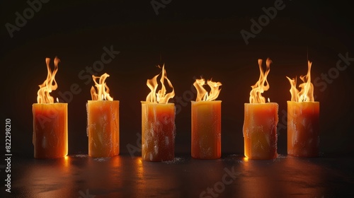 Set of pillar candles with flames illuminated, cut out photo