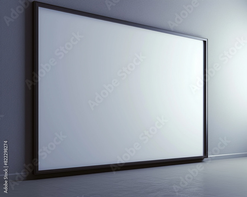 A modern architectural studio features one large empty white frame with dark borders  spotlighted against a light gray wall. 