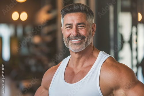 Smiling Muscular Man in White Tank Top at Gym