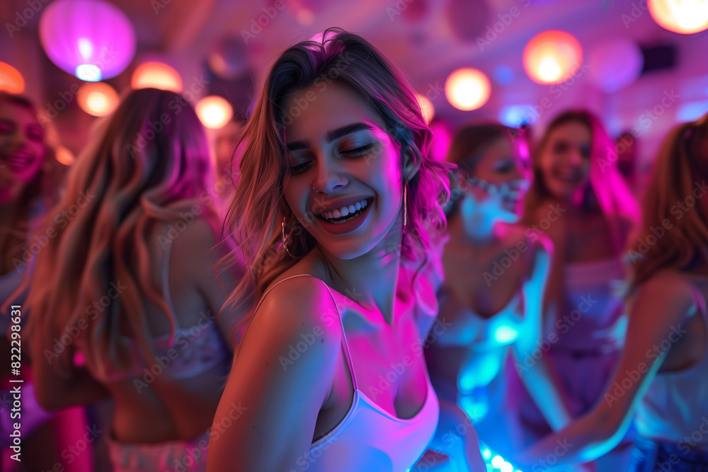 Attractive Woman dancing at a lively party surrounds with her friends Attractive Woman dancing at a lively party surrounds with her friends