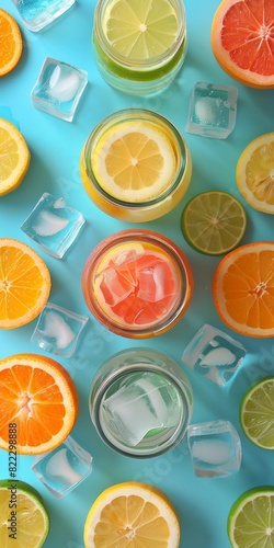 Refreshing citrus-infused drinks surrounded by vibrant lemon  lime    orange halves with scattered ice cubes on bright blue background. Summer vibes.